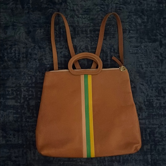 CLARE V Tan and Green Backpack with Racing Stripe Design